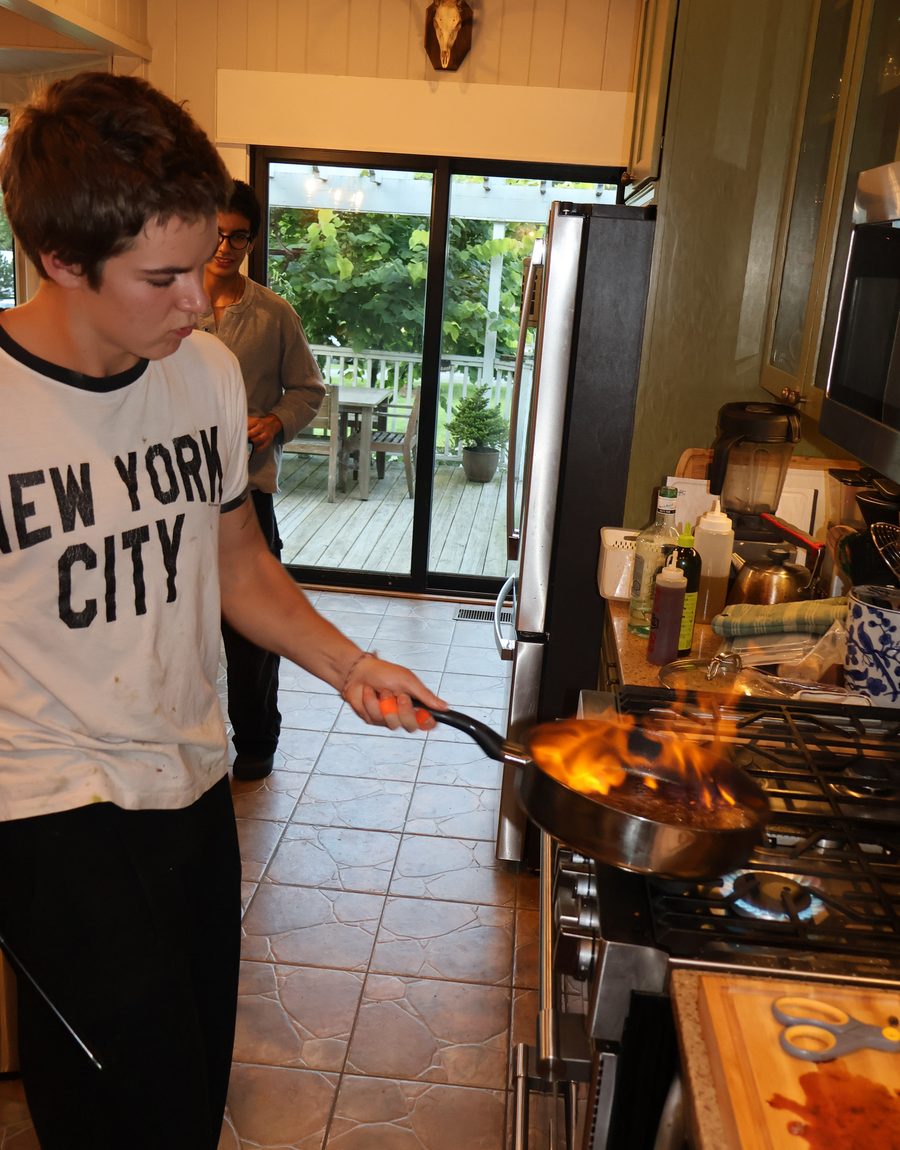 Flames rising from the pan