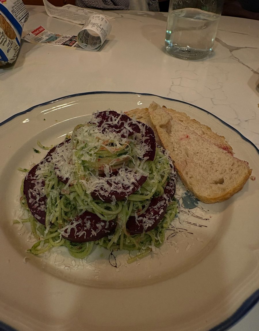 Pesto pasta with roasted beets and parmesan
