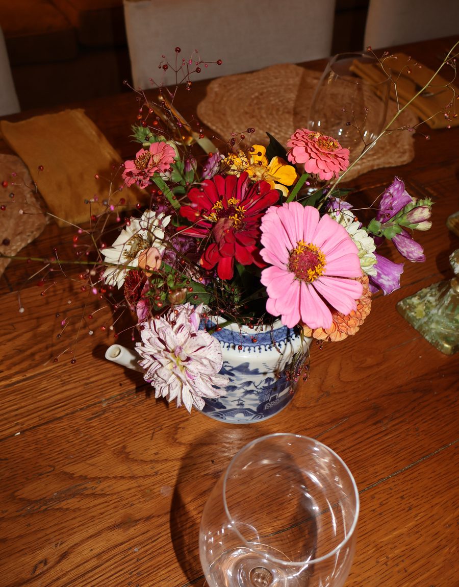 Zinnias and glassware before the guests arrive
