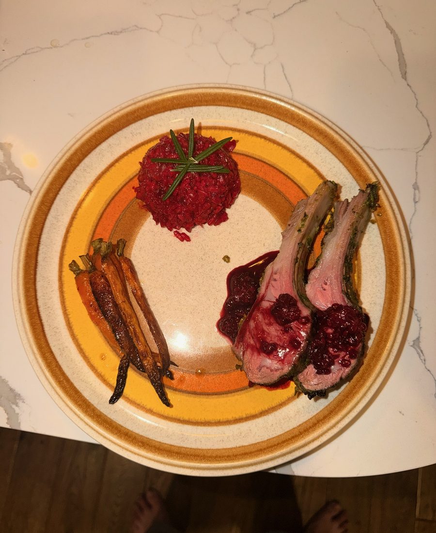 Rack of lamb with beet risotto