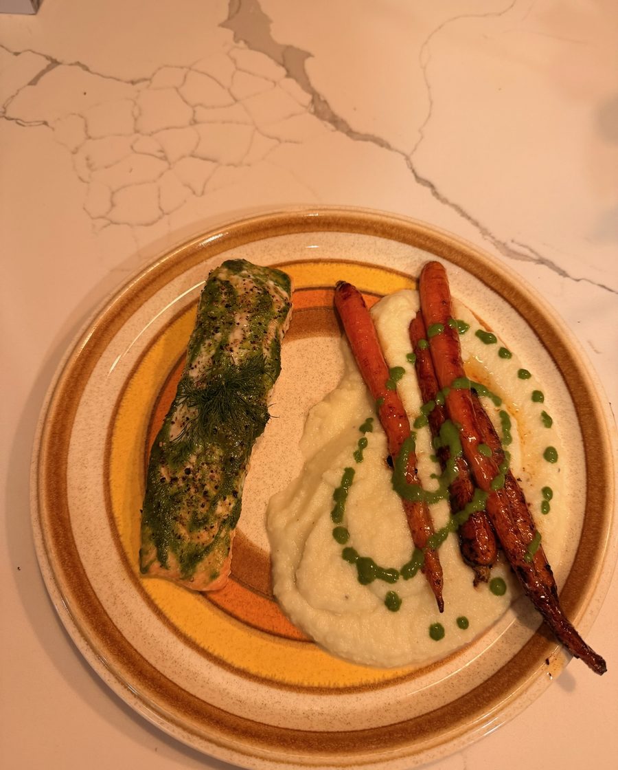 Pan-seared fish over a cauliflower purée