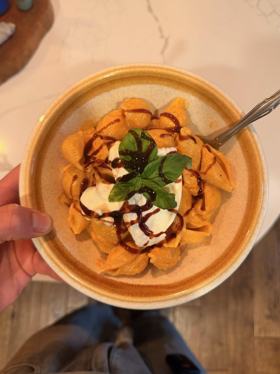 Creamy tomato pasta with burrata and basil